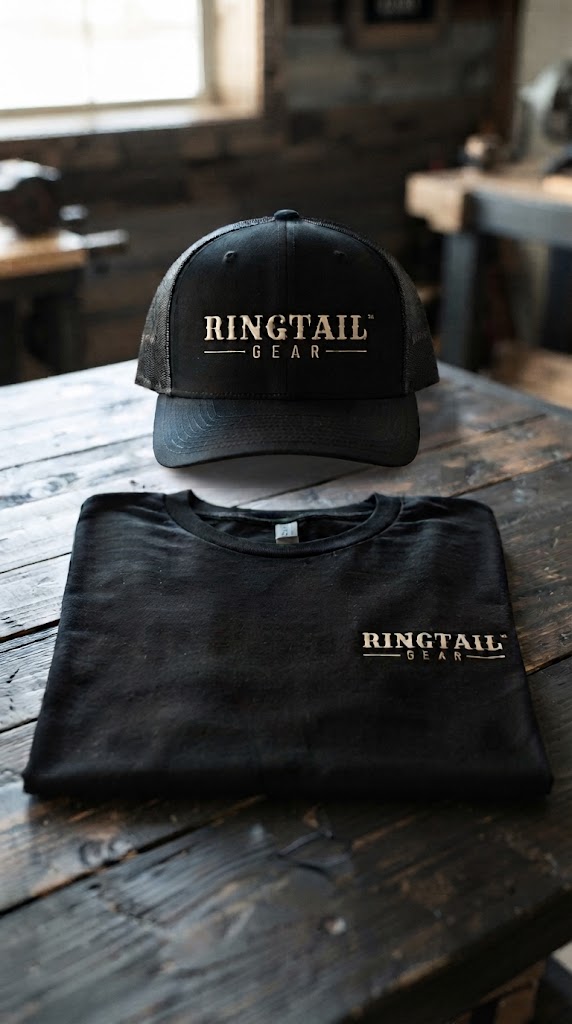 A black RINGTAIL GEAR trucker hat and a folded black logo tee on a dark wooden workbench