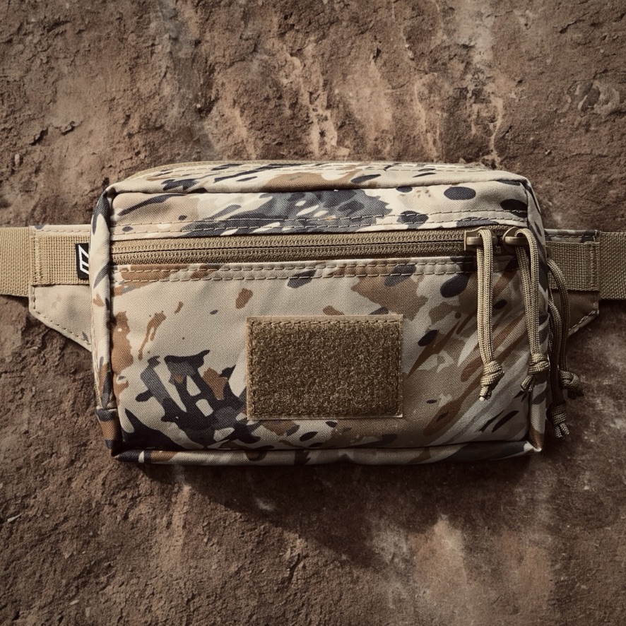An arid-camo cordura hip pack shot from above on red sandstone, with a tan coil zipper, twin cord zip pulls, a loop patch panel and a webbing waist belt
